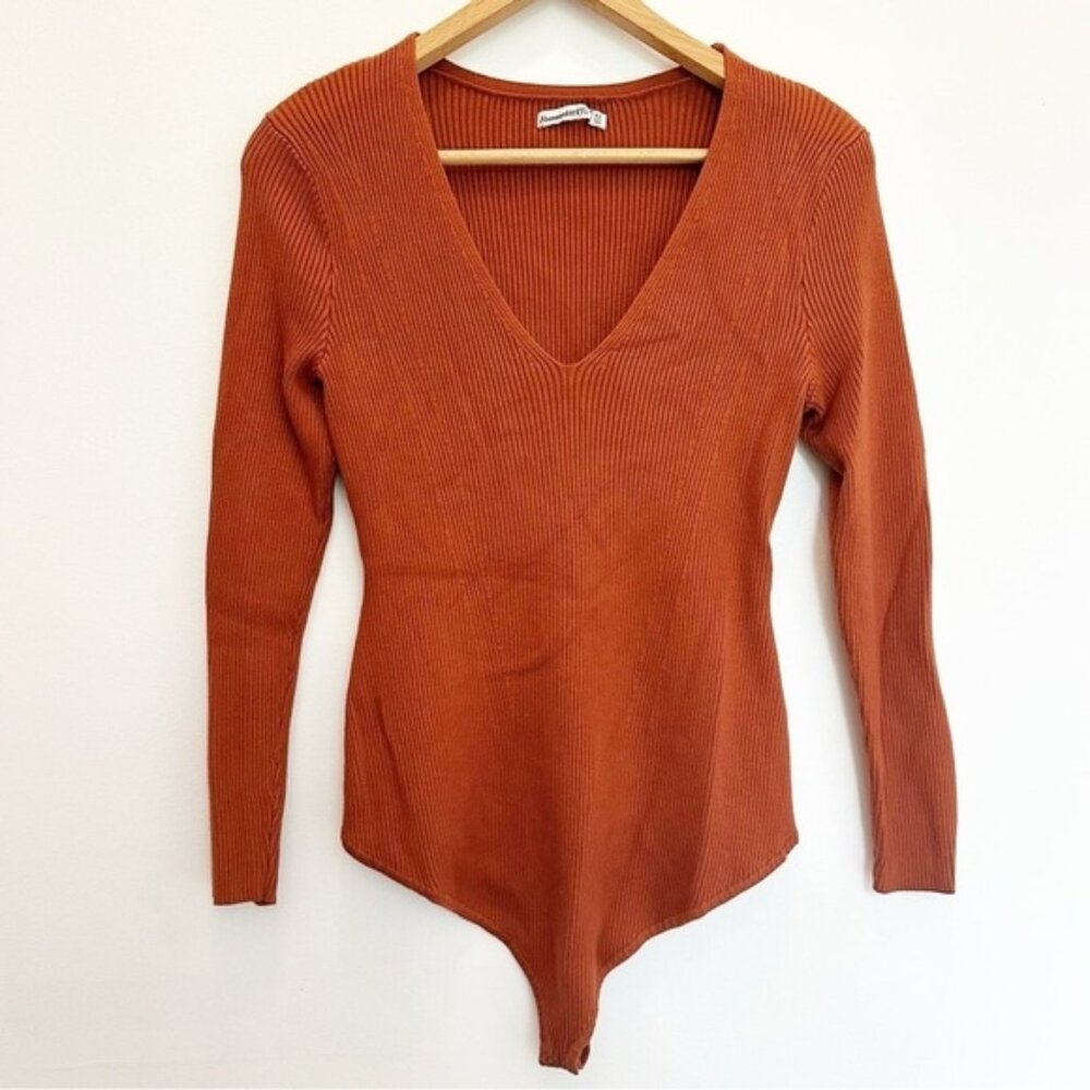 Abercrombie & Fitch Knit Long Sleeve Bodysuit Burnt Orange Size XXL 2XL V Neck